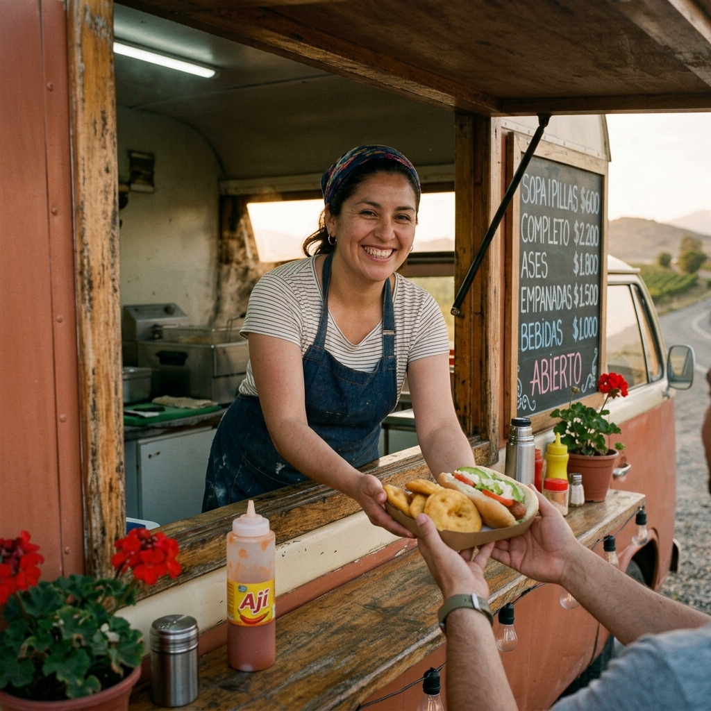 Vendedora de un food truck chileno entregando un completo y sopaipillas por la ventanilla