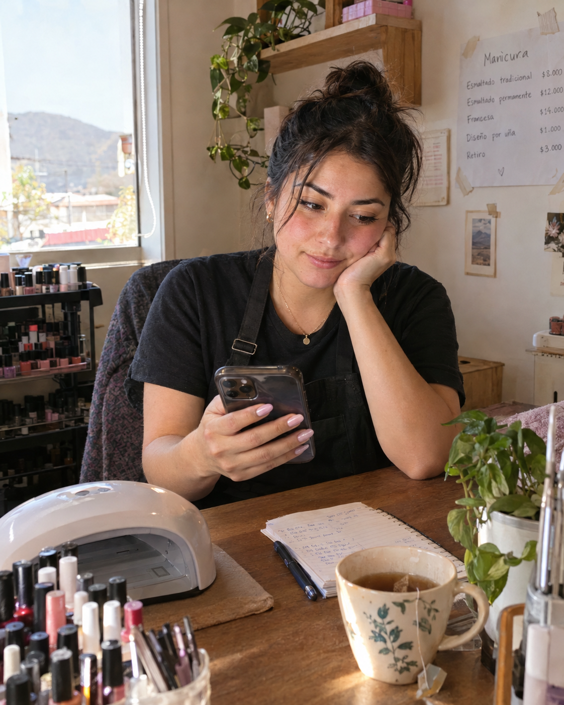 Manicurista en pausa en su estudio de manicure, con lámpara, esmaltes y lista de servicios